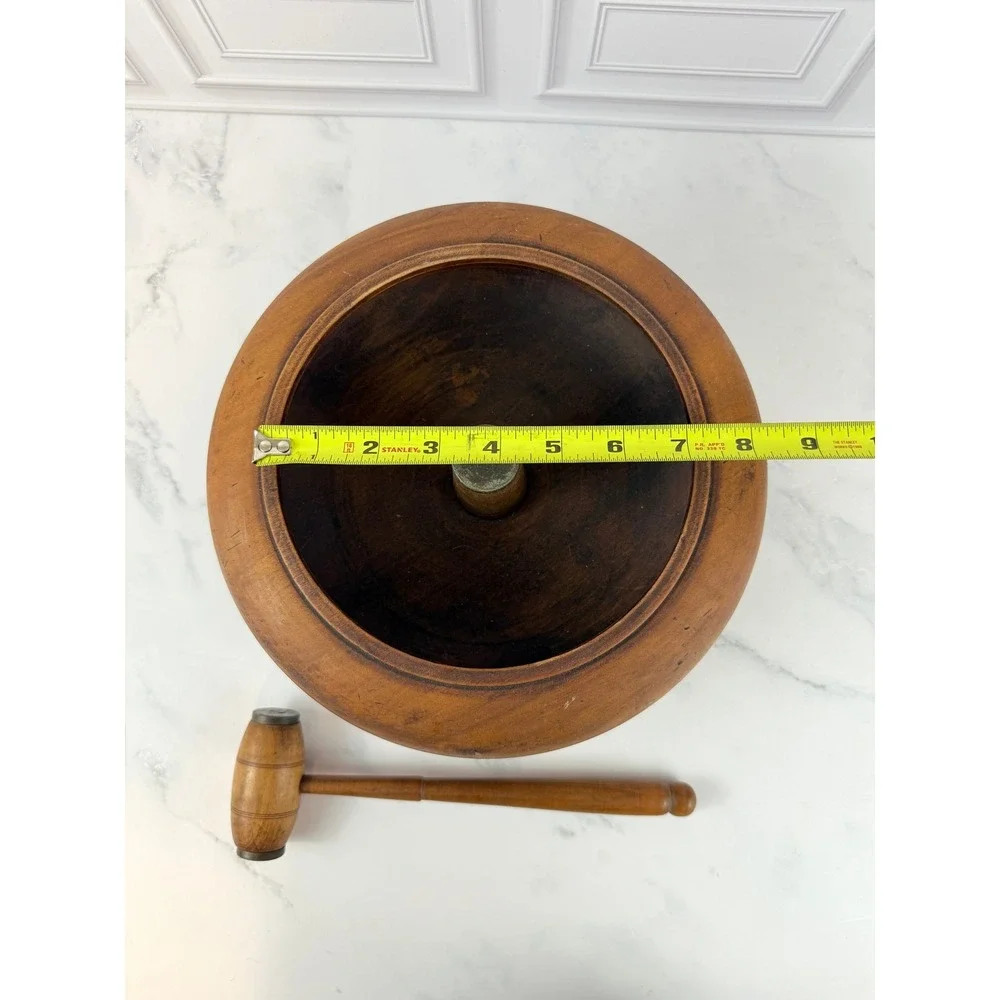VTG Hand Turned Wooden Nutcracker Pedestal Bowl Brass Center w/Mallet